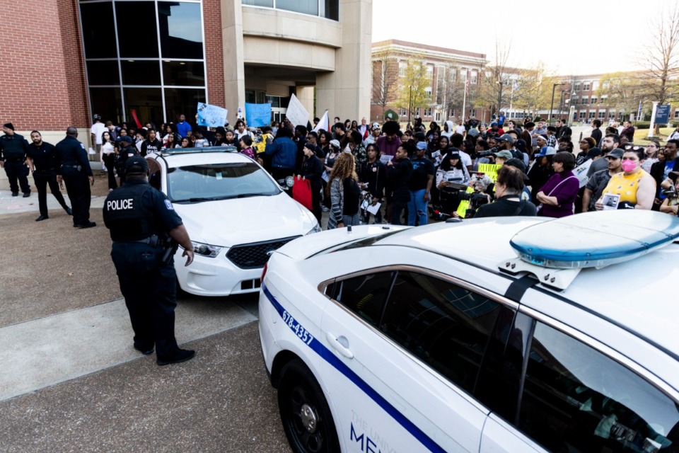 <strong>A police line forms March 20 in front of protesters at the Kyle Rittenhouse speech on the University of Memphis campus.&nbsp;</strong>(Brad Vest/Special to The Daily Memphian)