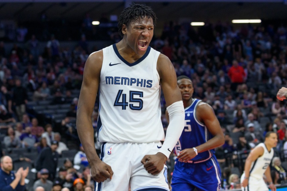 <strong>Memphis Grizzlies forward GG Jackson (45) reacts after scoring during the second half of an NBA basketball game against the Sacramento Kings in Sacramento, Calif., Monday, March 18, 2024. The Kings won in overtime 121-111.</strong> (AP Photo/Randall Benton)