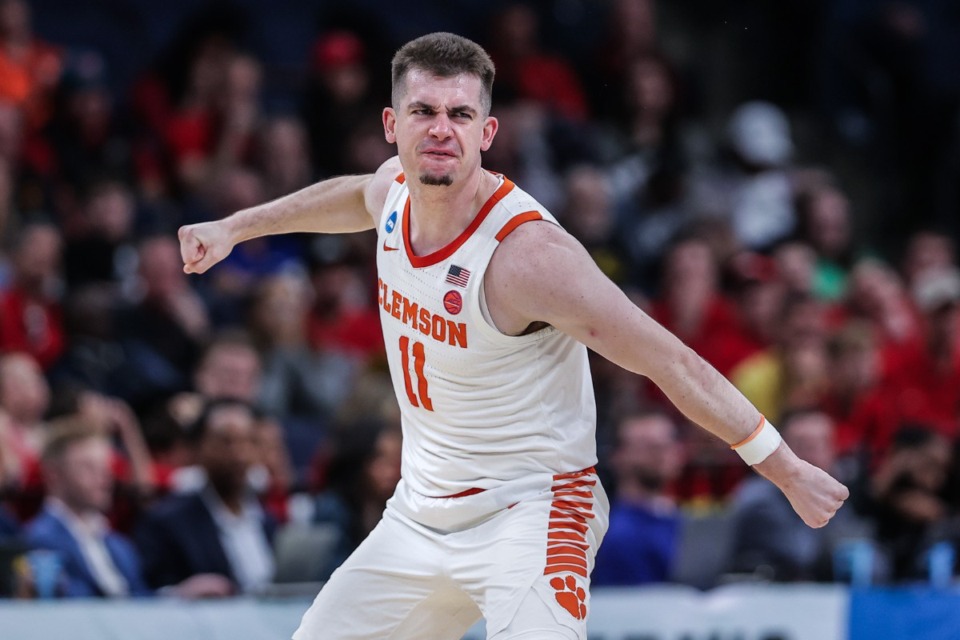<strong>Clemson guard Joe Girard III reacts to a big shot during the first-round NCAA Tournament game against Colgate in FedExForum March 22, 2024.</strong> (Patrick Lantrip/The Daily Memphian)
