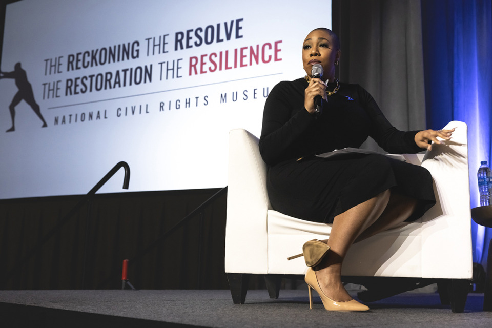 <strong>MSNBC political commentator and author Symone Sanders-Townsend moderates a panel at Renasant Convention Center in Downtown Memphis March 22.</strong> (Ziggy Mack/Special to The Daily Memphian)