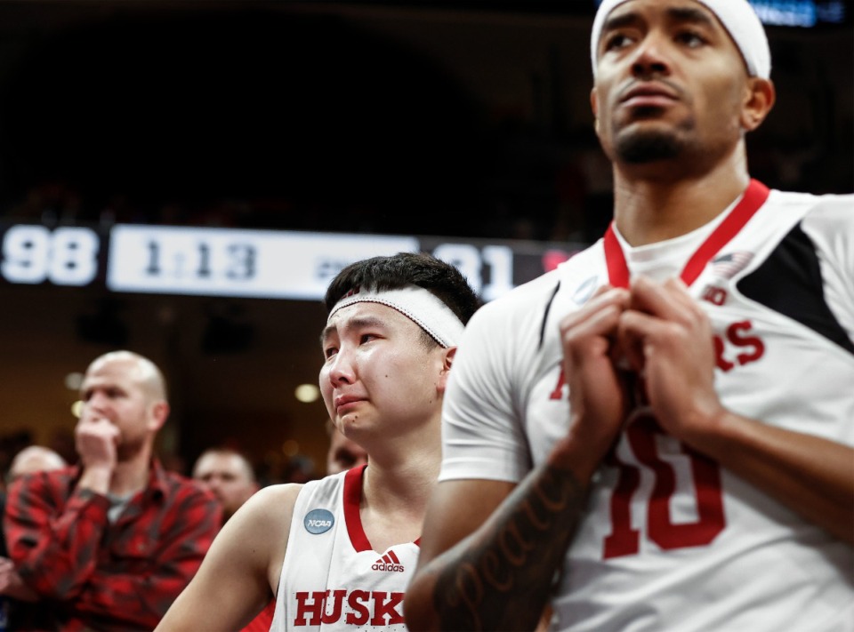 <strong>Nebraska teammates Keisei Tominaga (left) and Jamarques Lawrence (right) look on the during the final moments of the loss to Texas A&amp;M in the NCAA Tournament on Friday, March 22, 2024.</strong> (Mark Weber/The Daily Memphian)