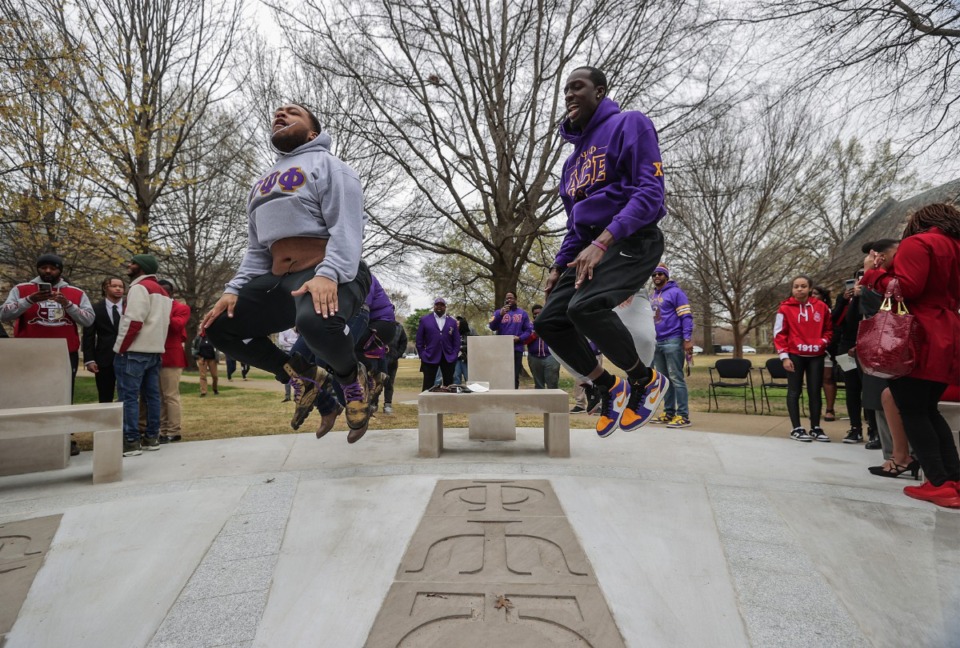 <strong>Jermal McGlown (right) and Cameron Toone, Omega Psi Phi Fraternity alumni, step after a ceremony at Rhodes College unveiling a new monument to the National Pan-Hellenic Council March 23, 2024.</strong> (Patrick Lantrip/The Daily Memphian)