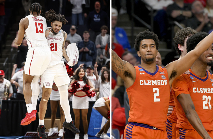 (Left) Houston teammates J&rsquo;Wan Roberts and Emanuel Sharp celebrate an overtime victory over Texas A&amp;M in the NCAA Tournament on Sunday, March 24, 2024. (Right) Clemson&rsquo;s Dillon Hunter (2) and Chauncey Wiggins (21) celebrate the team&rsquo;s 72-64 win against Baylor after a second-round college basketball game in the NCAA Tournament, Sunday, March 24, 2024. (AP Photo/Brandon Dill, Mark Weber/The Daily Memphian)