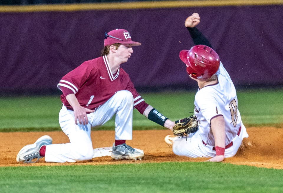 <strong>ECS shortstop Brice Terry tags West Smith from St. George&rsquo;s out at second in the second inning of the early-season contest at St. George's Tuesday, March 26, 2024.</strong> (Greg Campbell/Special to The Daily Memphian)