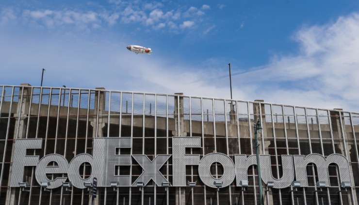 The Capital One blimp flies over FedExForum March 21, 2024.&nbsp;The bill that would help fund FedExForum renovations by allowing Shelby County to reallocate hotel-motel tax dollars to the project cleared its first legislative hurdle on Wednesday, March 27.&nbsp;&nbsp;(Patrick Lantrip/The Daily Memphian)