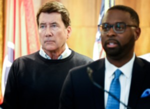 <strong>U.S. Sen. Bill Hagerty (left) and Memphis Mayor Paul Young were two of the officials at a meeting about crime at City Hall on Wednesday, March 27, 2024.</strong> (Mark Weber/The Daily Memphian)