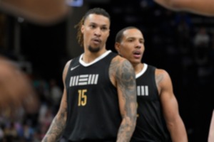 <strong>Forward Brandon Clarke (15, left) rejoined the Grizzlies after more than a year. Desmond Bane (right) led the team Wednesday with 26 points.</strong> (Brandon Dill/AP)