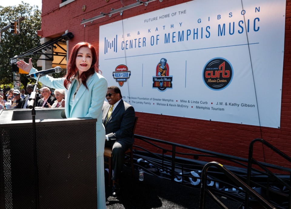 <strong>Priscilla Presley attends a press conference announcing the new J.W. and Kathy Gibson Center of Memphis Music in the former Hard Rock location at Second Avenue and Beale Street on Thursday, March 28, 2024.</strong> (Mark Weber/The Daily Memphian)