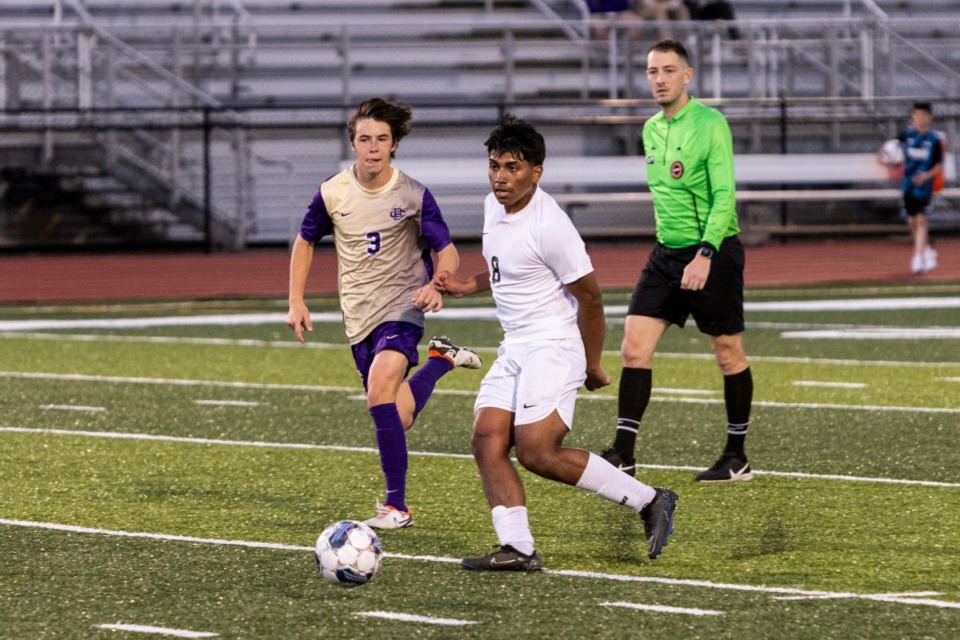 <strong>Houston&rsquo;s Stanley Rivas passes the ball during Thursday's Houston High School versus Christian Brothers High School soccer game at CBHS.</strong> (Brad Vest/Special to The Daily Memphian)