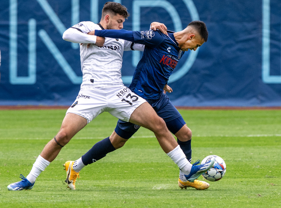 <strong>In the phsyical season opener for 901 FC, midfielder Samuel Careaga battles Las Vegas midfielder Giovanni Aguilar for possesion at AutoZone Park, Saturday, March 9, 2024. Memphis held on to defeat Las Vegas 2-1.</strong> (Greg Campbell/Special to The Daily Memphian)