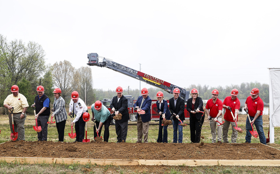 <strong>Local dignitaries gather on Monday, April 1, for the groundbreaking on Collierville&rsquo;s new Firehouse 6, which will be located&nbsp;across from Collierville High School on East Shelby Drive.</strong> (Mark Weber/The Daily Memphian)