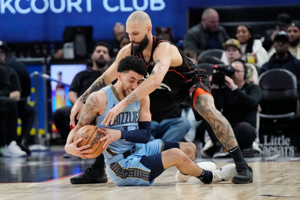 <strong>Detroit Pistons guard Evan Fournier (31) is all over Memphis Grizzlies guard Scotty Pippen Jr. (1) on Monday, April 1, 2024, in Detroit.</strong> (Carlos Osorio/AP)