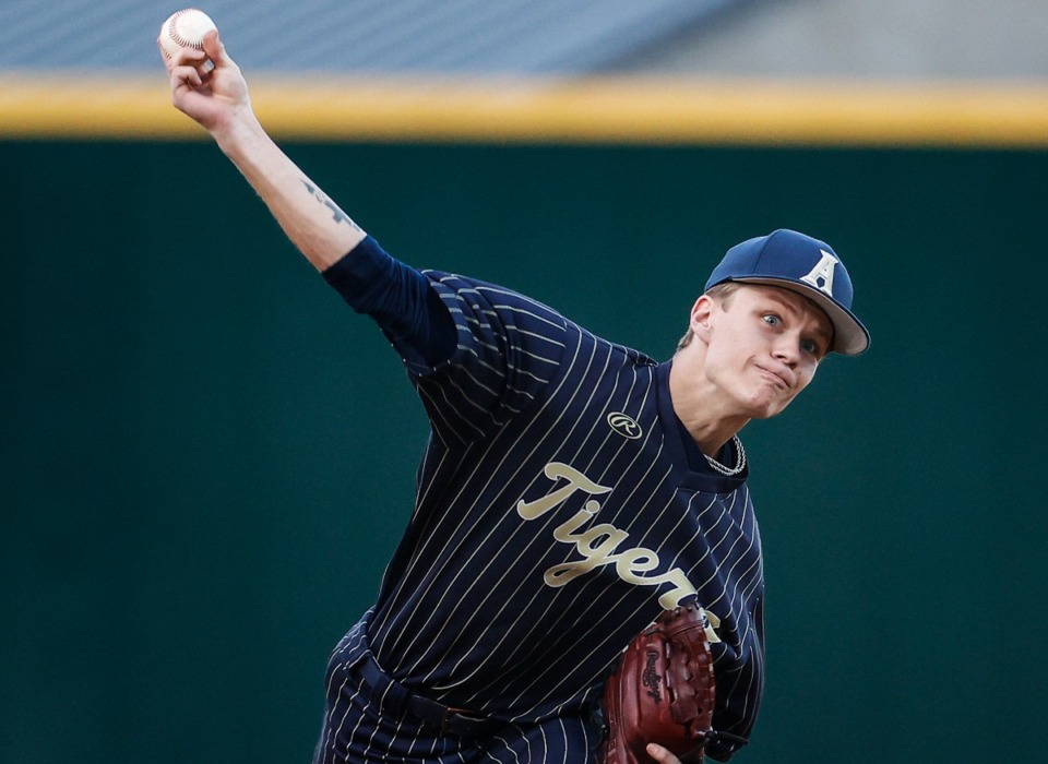 <strong>Arlington pitcher Jack Hibbard throws against Collierville on Tuesday, April 2, 2024. He threw a complete game in the 6-3 win.</strong>&nbsp;(Mark Weber/The Daily Memphian)