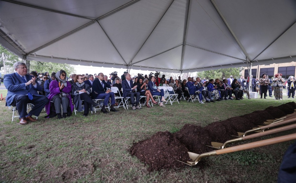 <strong>Many city and county government officials were on hand for a groundbreaking ceremony for a new STEM lab at Whitehaven High School Apr. 3, 2024.</strong> (Patrick Lantrip/The Daily Memphian)