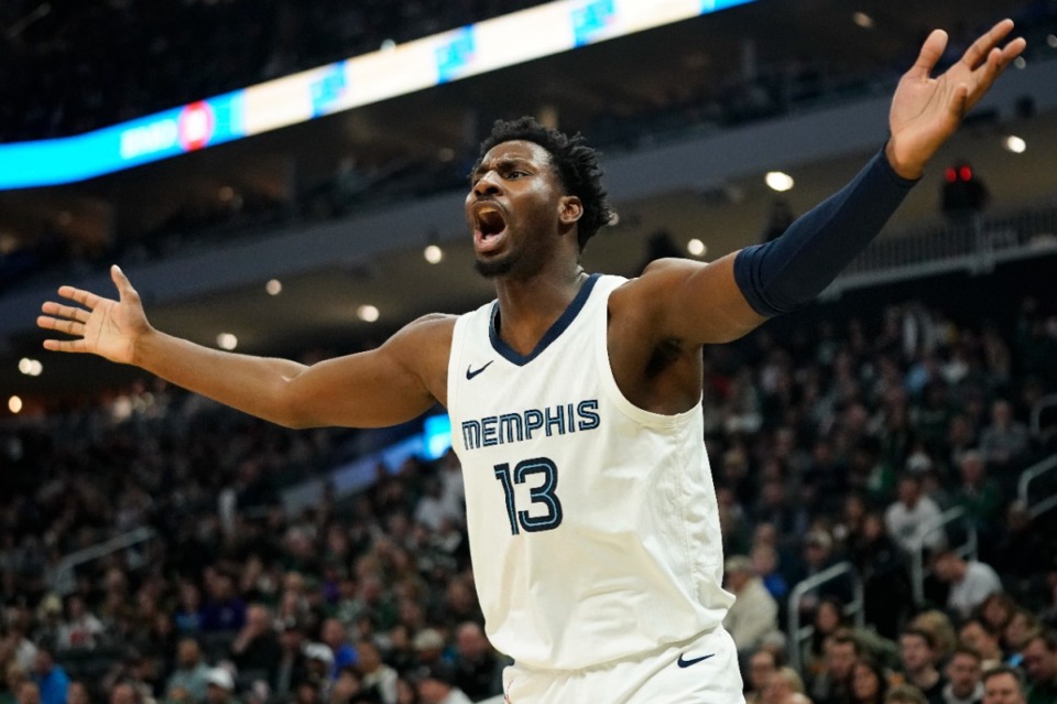<strong>Memphis Grizzlies' Jaren Jackson Jr. reacts to a call in the game against the Milwaukee Bucks Wednesday, April 3, 2024, in Milwaukee.</strong> (Aaron Gash/AP)