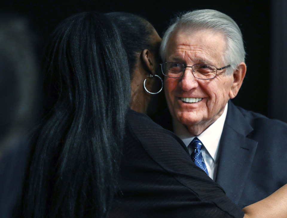<strong>Former Shelby County Mayor Bill Morris accepts the Dunavant/Rotary Lifetime Achievement Award on April 3, 2019.&nbsp;Local officials past and present joined current Shelby County Mayor Lee Harris on Tuesday in recognizing Morris' legacy as mayor and sheriff.</strong> (Houston Cofield/Daily Memphian)