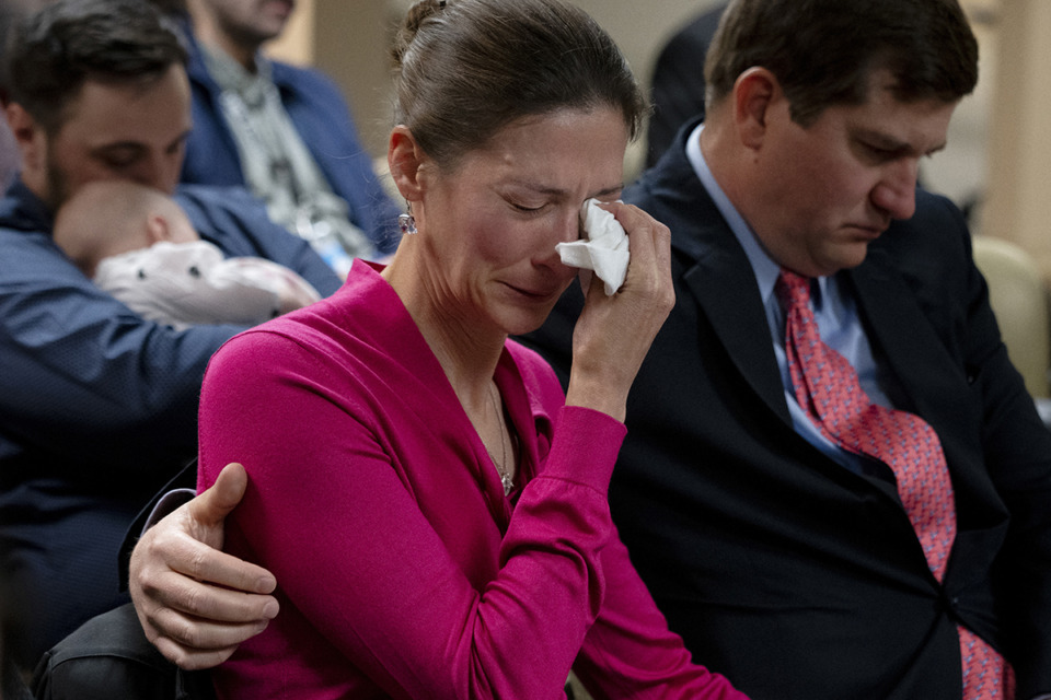 <strong>Rebecca Milner, a plaintiff in the Nicole Blackmon vs. the State of Tennessee, wipes away tears as she listens to arguments presented by her attorney in court Thursday, April 4, 2024, in Nashville. The case challenges the medical necessity exception to Tennessee's total abortion ban.</strong> (George Walker IV/AP Photo)