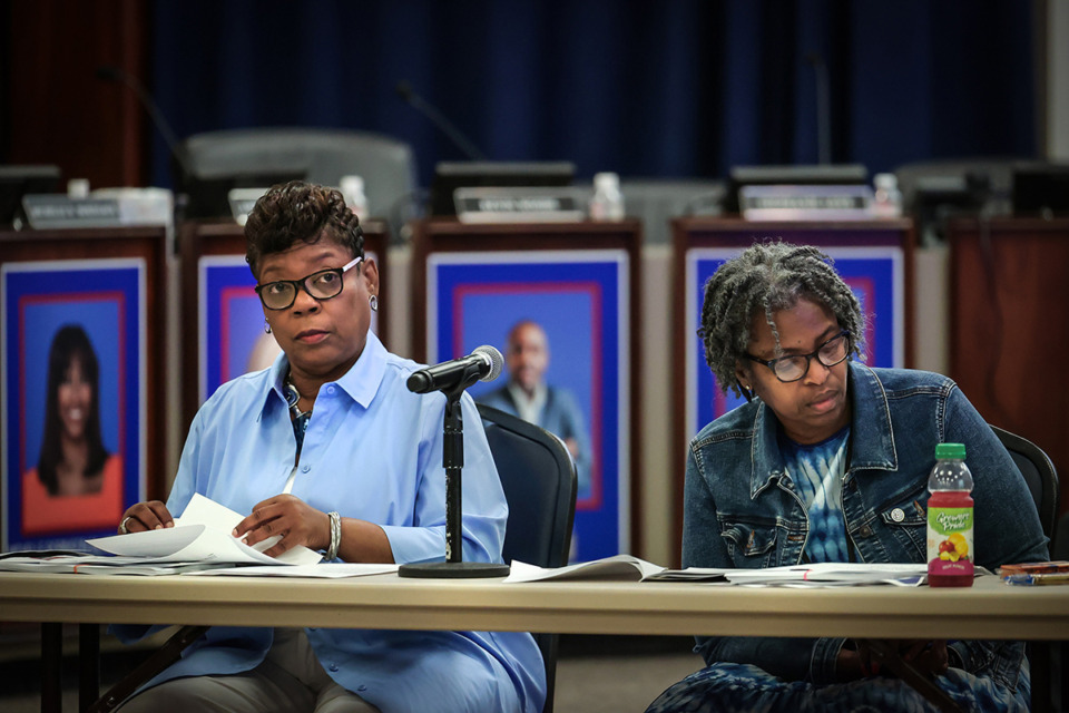 <strong>Memphis-Shelby County Schools board chair Althea Greene (left) and board member Joyce Dorse Coleman presided over a meeting. Greene drew challengers by the filing deadline on Thursday.</strong> (Patrick Lantrip/The Daily Memphian file)
