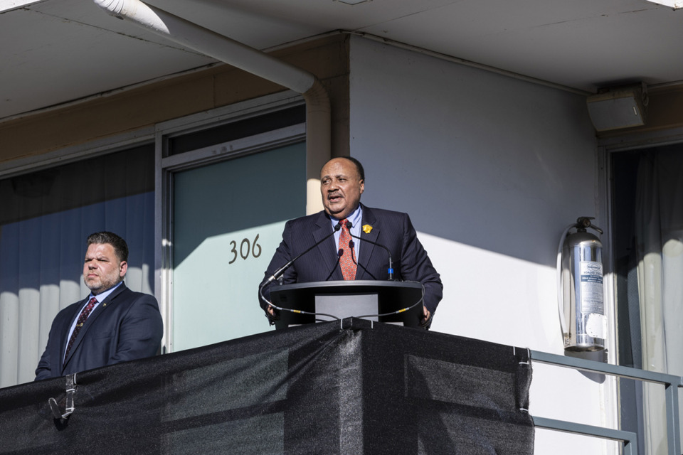 <strong>Martin Luther King III speaks from the balcony where his father was murdered during the April 4th Commemoration at the National Civil Rights Museum on Thursday, April 4. </strong>(Brad Vest/Special to The Daily Memphian)