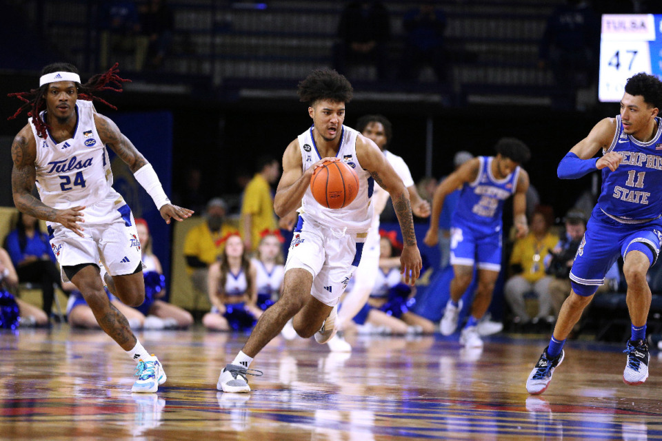 <strong>Tulsa guard PJ Haggerty (4) brings the ball up after a steal against Tulsa during the second half of an NCAA college basketball game Thursday, Jan. 4, 2024, in Tulsa, Okla.</strong> (AP File Photo/Joey Johnson)