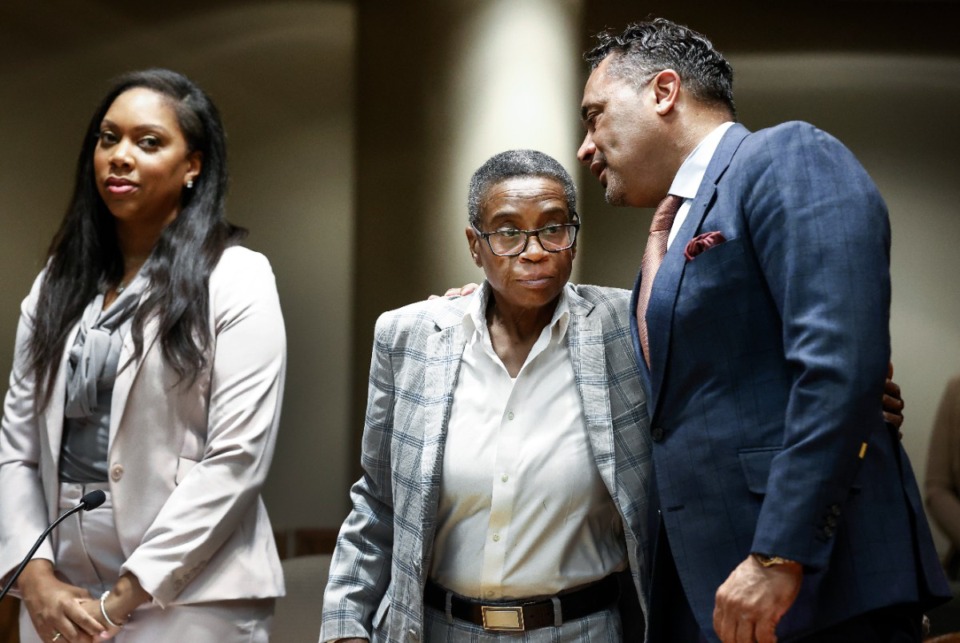 <strong>Former Shelby County Judge Melissa Boyd (center) appears in court with her attorneys on Friday, April 5, 2024, to accept a plea agreement.</strong> (Mark Weber/The Daily Memphian)