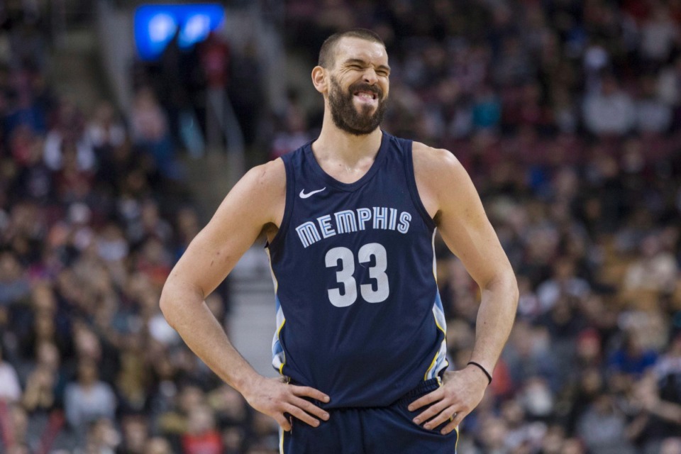 <strong>Memphis Grizzlies center Marc Gasol (33) reacts during the second half of a loss to the Toronto Raptors in an NBA basketball game in Toronto, Sunday, Feb. 4, 2018.</strong> (Chris Young/The Canadian Press via AP)