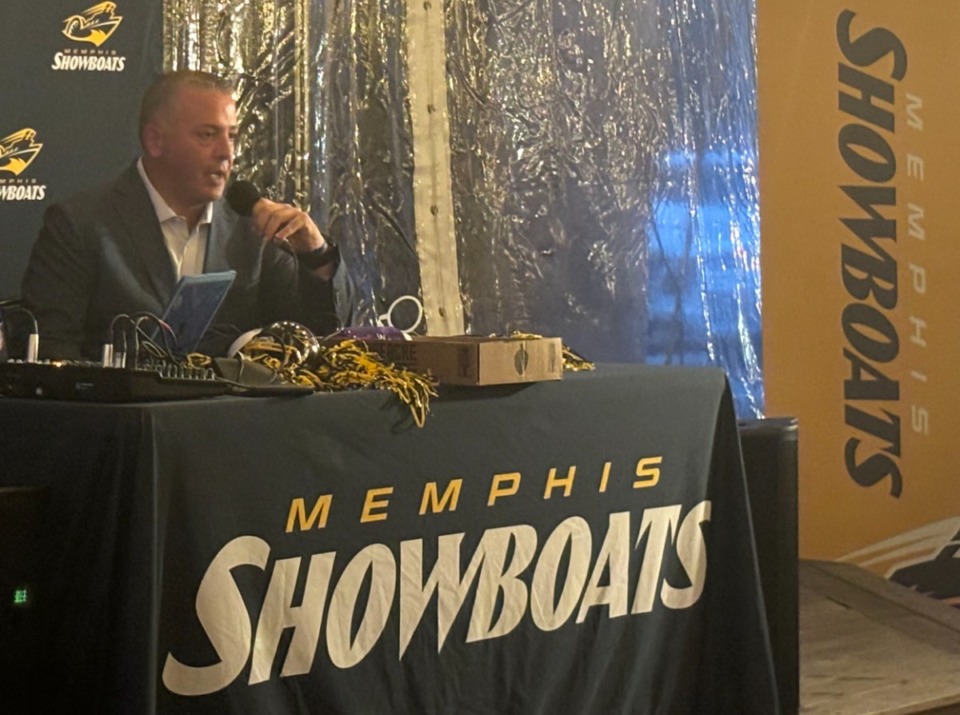 <strong>John DeFilippo speaks at a February press conference for the Memphis Showboats.</strong> (Tim Buckley/The Daily Memphian)