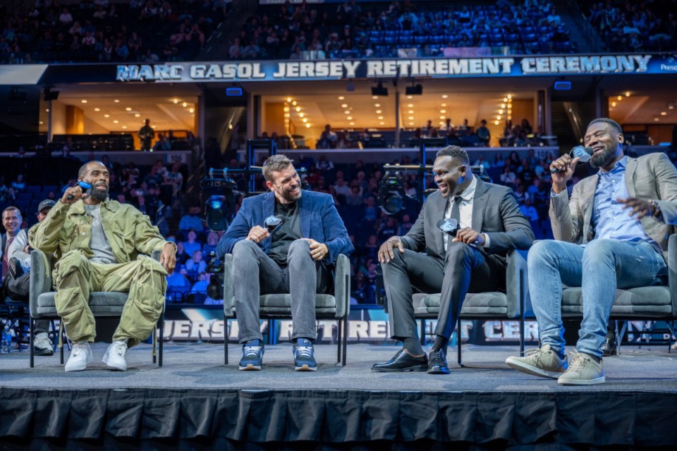 <strong>The Core Four, Mike Conley, Marc Gasol, Zach Randolph and Tony Allen discuss their playing days during the Marc Gasol jersey retirement ceremony at FedExForum, Saturday, April 6, 2024.</strong> (Greg Campbell/Special to The Daily Memphian)