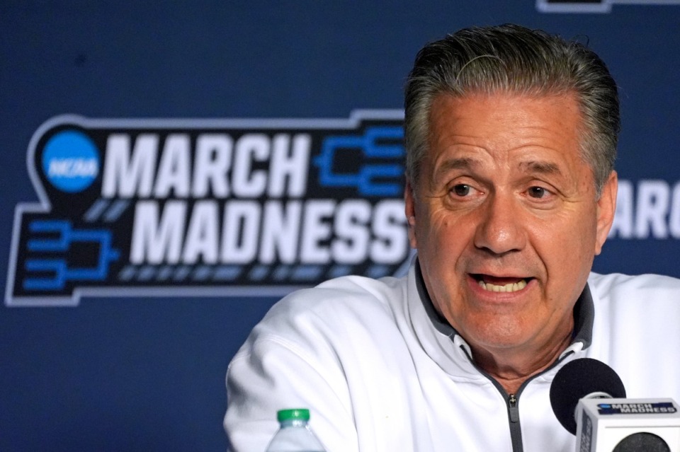 <strong>University of Kentucky head coach John Calipari meets with reporters before attending his NCAA college men's basketball team practice at PPG Paints Arena in Pittsburgh, Wednesday, March 20, 2024.&nbsp;Kentucky was seeded third in March Madness, but fell 80-76 to No. 14 seed Oakland in the first round.</strong>&nbsp;(Gene J. Puskar/AP Photo)