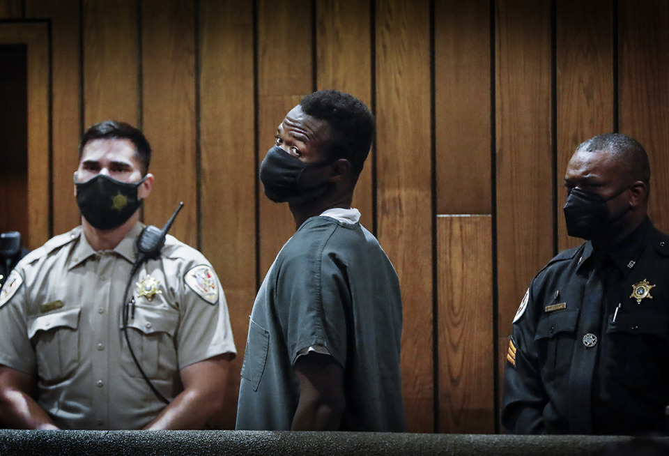 <strong>Cleotha Abston (middle) appeared in Judge Louis Montesi&rsquo;s courtroom for his arraignment on Sept. 6, 2022. Abston has been charged with raping Alicia Franklin and killing Eliza Fletcher.</strong> (Mark Weber/The Daily Memphian file)