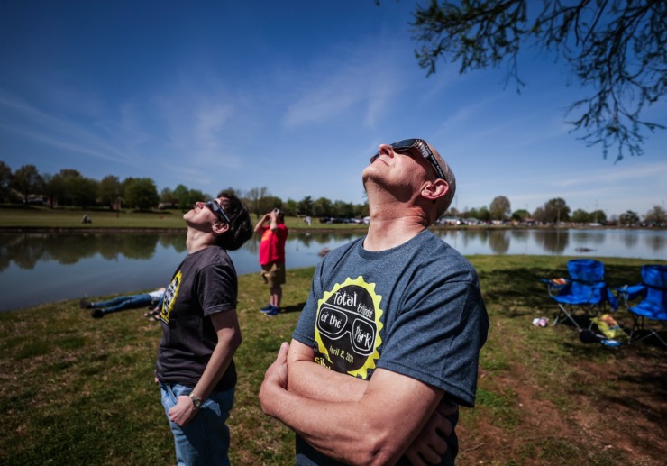 <strong>Daniel Giesbrecht and his daughter, Andrea, drove in from Omaha, Nebraska, to watch the the total solar eclipse in Sikeston, Missouri, for Andrea's birthday April 8, 2024.</strong> (Patrick Lantrip/The Daily Memphian)