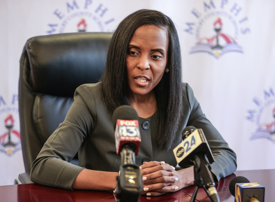 <strong>New MSCS Superintendent Marie Feagins speaks to the media about her first week on the job April 9.</strong> (Patrick Lantrip/The Daily Memphian)