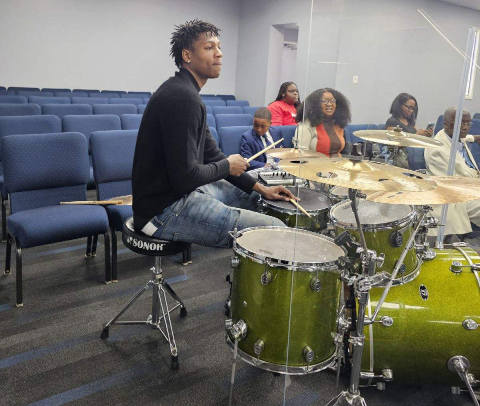 <strong>GG Jackson playing drums at Oak Grove Baptist Church Sunday, April 9, 2024.</strong> (Courtesy Adrian Shavers)
