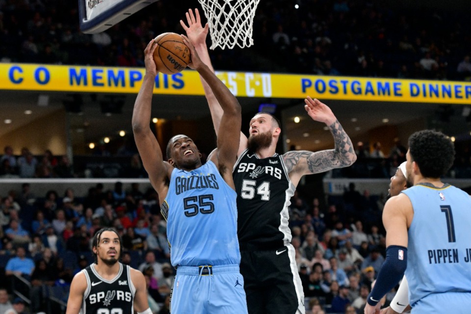 <strong>Memphis Grizzlies center Trey Jemison (55) shoots against San Antonio Spurs forward Sandro Mamukelashvili (54)&nbsp; Tuesday, April 9, 2024.</strong> (Brandon Dill/AP)