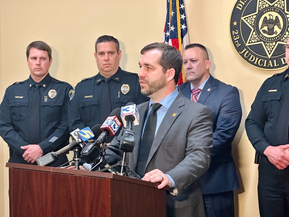 <strong>DeSoto County District Attorney Matthew Barton (at microphone) announced the arrest of Tony Herring Jr. at a press conference Wednesday, April 10, 2024.</strong> (Courtesy DeSoto County District Attorney&rsquo;s office)
