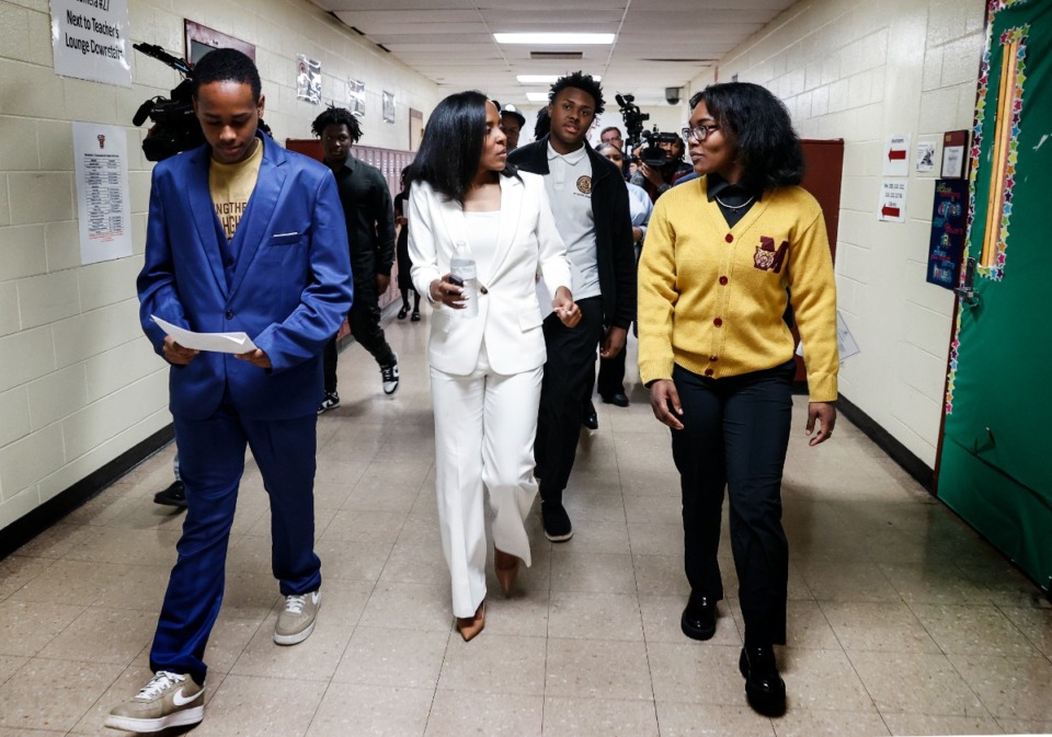 <strong>New Memphis-Shelby County Schools Superintendent Marie Feagins talked with students during an April 1 tour of Melrose High School.</strong> (Mark Weber/The Daily Memphian)