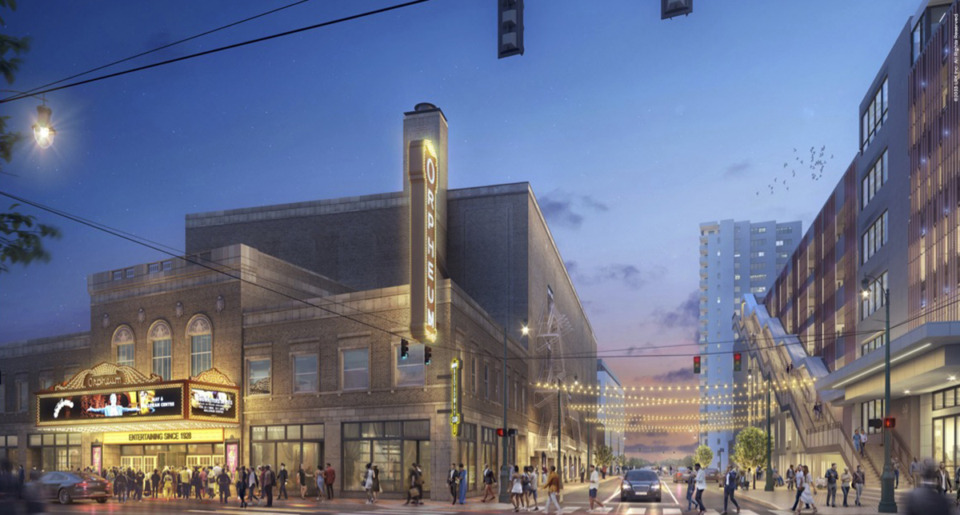 <strong>This rendering shows the proposed plan for the street lights that would hang between the Orpheum Theatre and the Downtown Mobility Center.</strong> (Courtesy LRK)