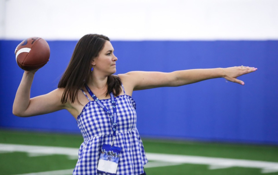 <strong>Taylor Franklin throws a football during a drill at a women&rsquo;s clinic hosted by the University of Memphis football program July 15, 2022.</strong> (Patrick Lantrip/The Daily Memphian file)