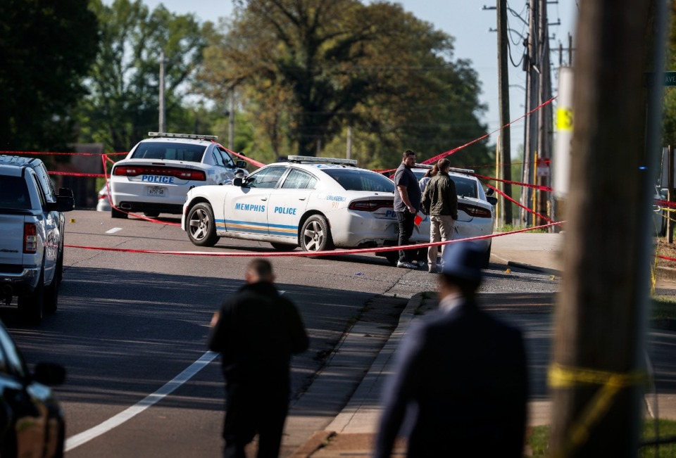 <strong>An investigation continues at Horn Lake Road and Charter Avenue where a Memphis Police Officer shot and killed on Friday, April 12, 2024.</strong> (Mark Weber/The Daily Memphian)