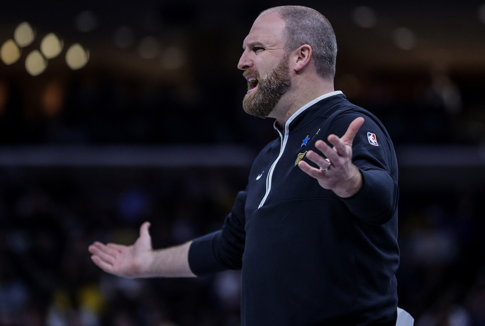 <strong>Memphis Grizzlies head coach Taylor Jenkins reacts to a call during a April 12, 2024 game against the Los Angeles Lakers.</strong> (Patrick Lantrip/The Daily Memphian)
