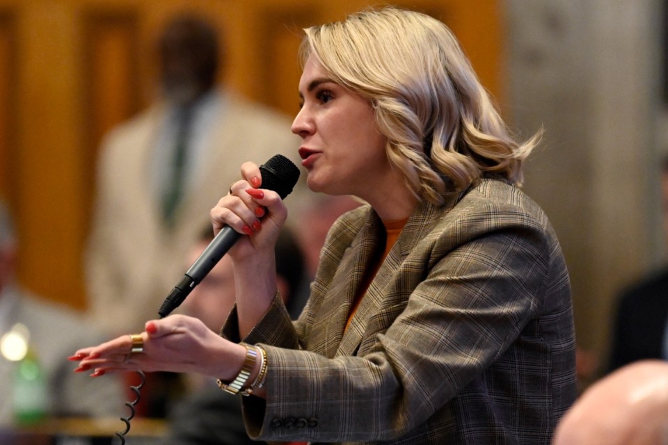 <strong>Rep. Aftyn Behn, D-Nashville, talks about a bill brought to the House floor by Rep. Mary Littleton, R-Dickson, that would require parents are notified of a student's gender identity or intention to transition to a gender different from the person's sex at birth on Monday, April 15, 2024, in Nashville.</strong> (Mark Zaleski/AP)