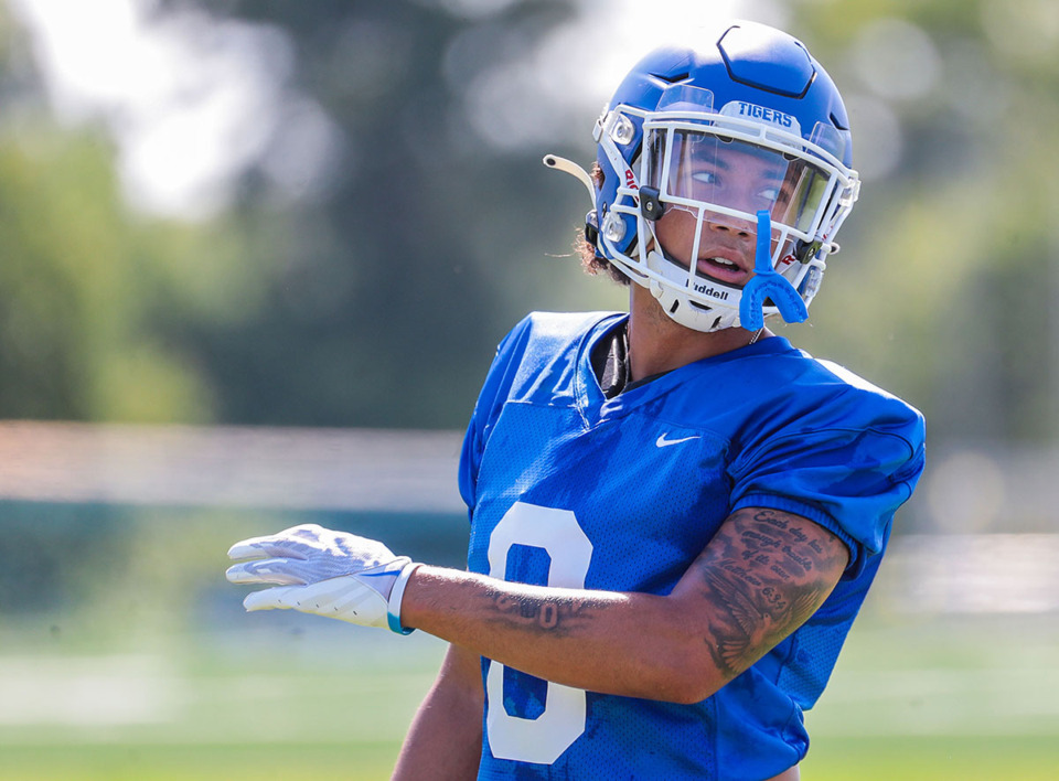 <strong>University of Memphis running back Jevyon Ducker (8) listens to a coach at an Aug. 3, 2022, practice. </strong>(Patrick Lantrip/The Daily Memphian file)
