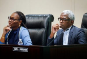 <strong>Memphis Light, Gas and Water Board of Commissioners Cheryl Pesce (left) and Carl Person (right) listen to public comments during a meeting on Thursday, Sept. 1, 2022.</strong> (Mark Weber/The Daily Memphian file)