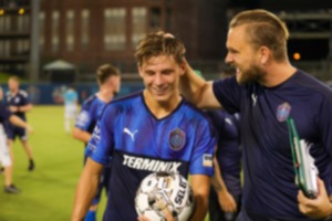 <strong>Nighte Pickering, seen here with assistant sporting director Caleb Patterson-Sewell (right) in 2022, scored both goals in 901 FC&rsquo;s 2-0 win over Miami FC.&nbsp;</strong>(Courtesy Ryan Beatty/901FC)