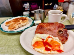 <strong>A short stack of pancakes with country ham and two eggs &mdash; sunny side up &mdash; on the side at Bob&rsquo;s Barksdale.</strong> (Joshua Carlucci/Special to The Daily Memphian)