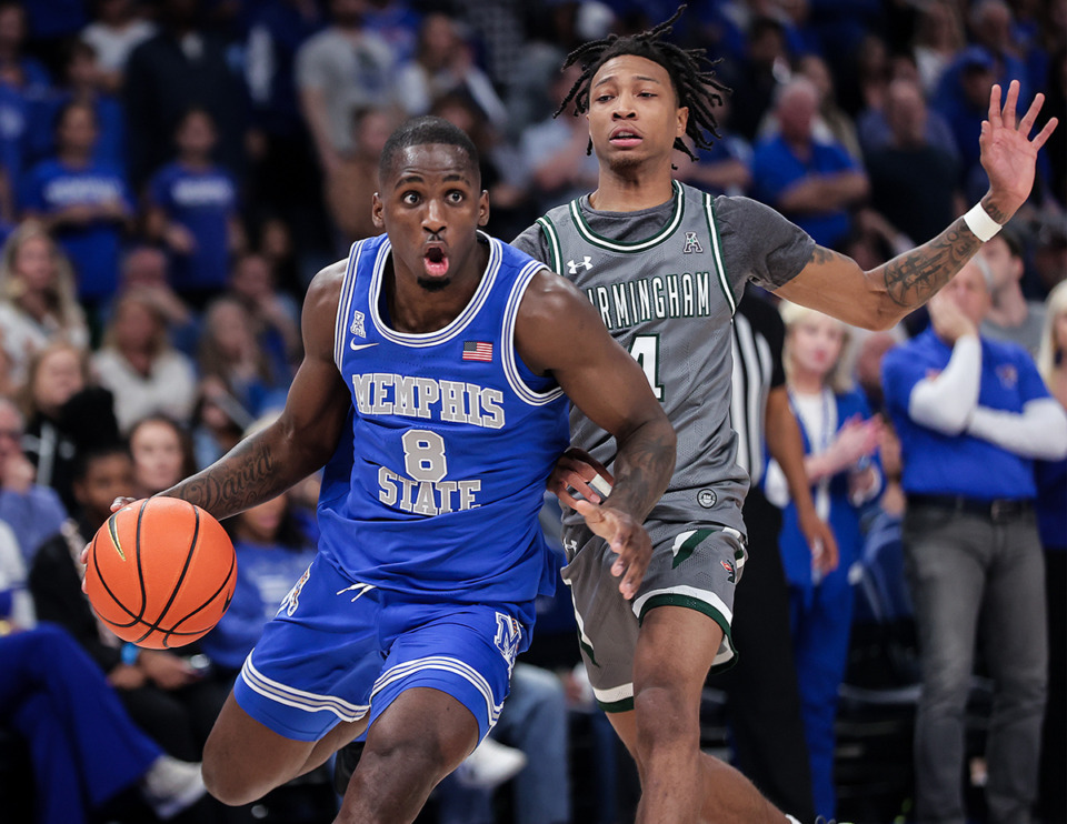 <strong>Memphis Tigers forward David Jones (8) has declared for the 2024 NBA Draft, but still has time to withdraw his name from consideration and maintain his collegiate eligibility.</strong> (Patrick Lantrip/The Daily Memphian file)