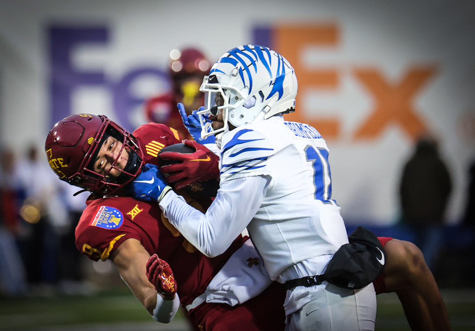 <strong>University of Memphis defensive back DeAgo Brumfield (18) brings down an Iowa State receiver in the AutoZone Liberty Bowl Dec. 29, 2023.</strong> (Patrick Lantrip/The Daily Memphian file)