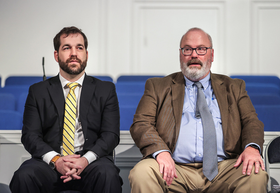 <strong>DeSoto County District Attorney Matthew Barton, left, and DeSoto County&nbsp;Youth Court Judge Craig Treadway, right, attend a crime summit at Brown Missionary Baptist Church April 20.</strong> (Patrick Lantrip/The Daily Memphian)