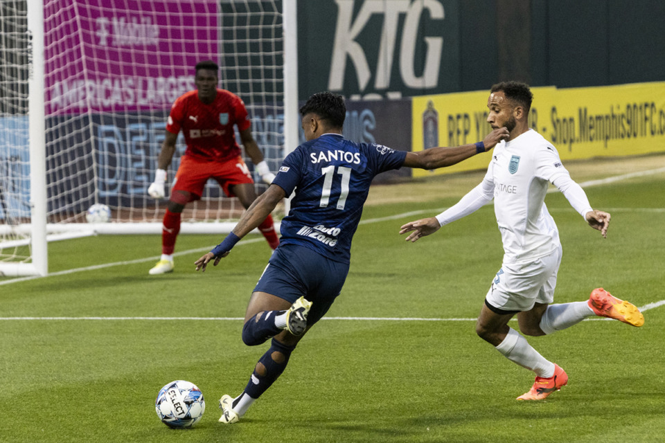 <strong>Marlon Santos attempts a shot during Saturday's 901 FC game against Monterey Bay at AutoZone Park.</strong> (Brad Vest/Special to The Daily Memphain)