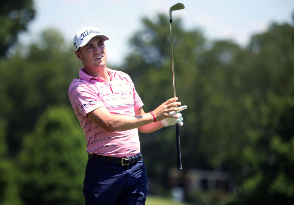 <strong>Justin Thomas eyes his fairway shot on the back nine during first-round action at the WGC-FedEx St. Jude Invitational at TPC Southwind, Thursday, July 25, 2019.</strong> (Patrick Lantrip/Daily Memphian)